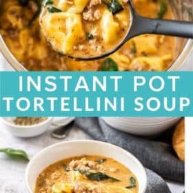A ladle scooping Tortellini Soup