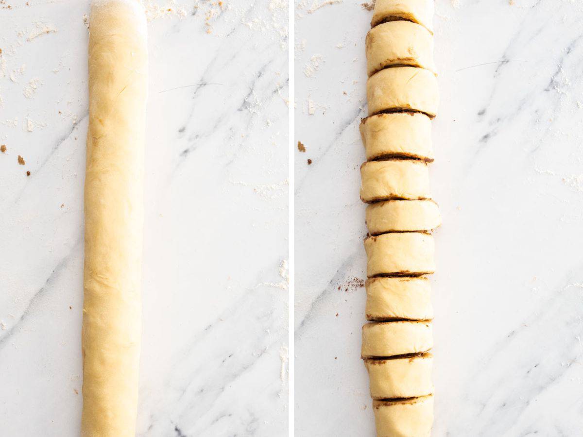 two photos showing the process of rolling and slicing dough.