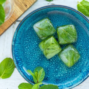 frozen cubes on mint on a blue plate