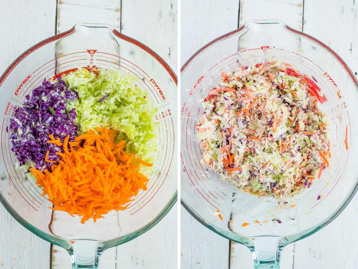 Two photos showing shredded cabbage and carrots in a mixing bowl.