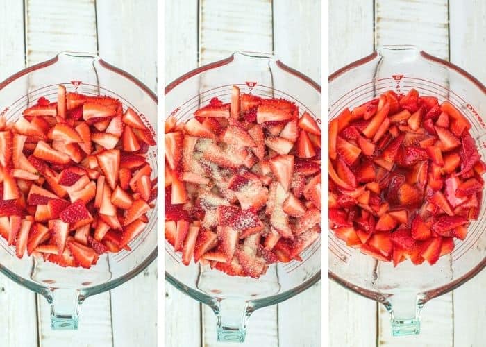 3 photos showing the process of macerated strawberries