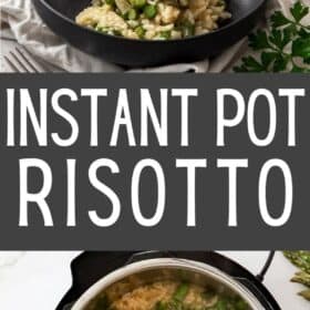 a spoon full of risotto hovering over a black bowl