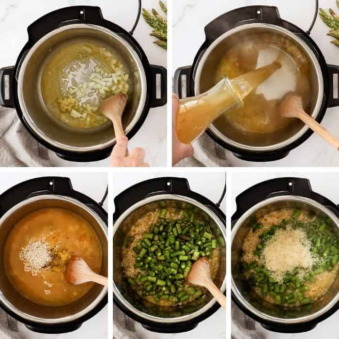 5 photos showing step by step asparagus risotto being made in an Instant Pot