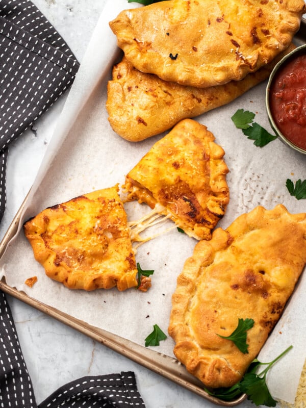 a tray of air fryer calzones