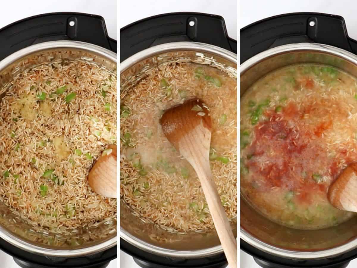 three photos showing the process of making rice in a pressure cooker.