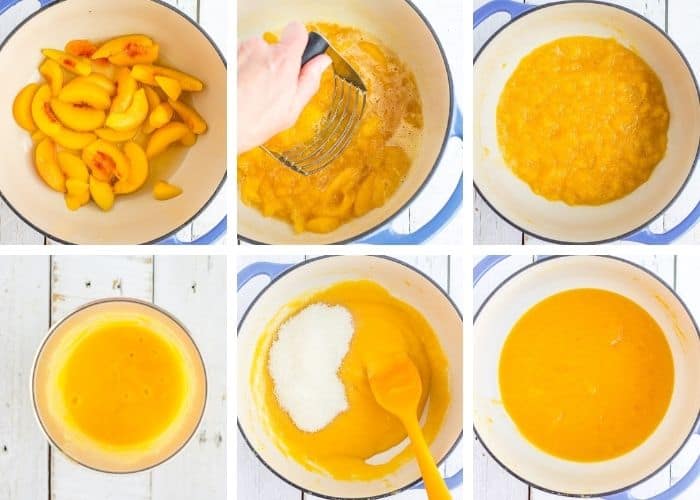 6 photos showing step by step how to make a peach syrup recipe