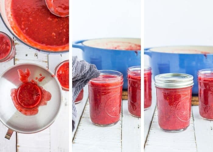 3 photos showing how to can strawberry rhubarb jam