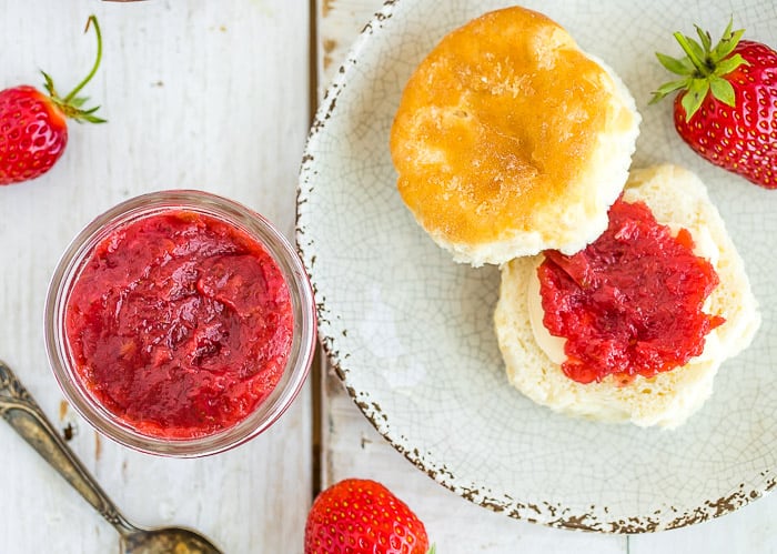 rhubarb strawberry jam on a biscuit