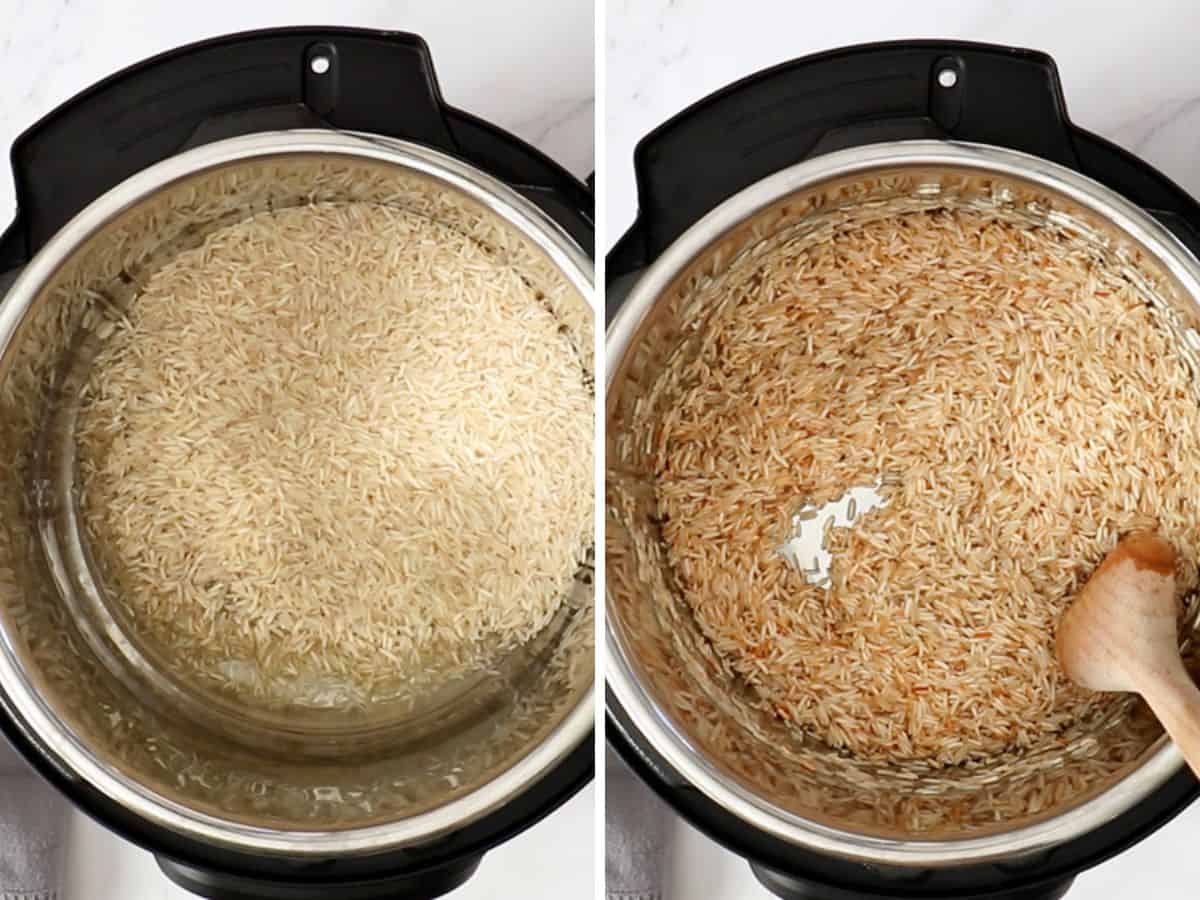 Two photos showing the process of toasting rice in a pressure cooker.