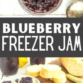 a close up photo of a glass jar of blueberry freezer jam on a white board with a spoon