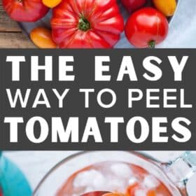 a spoon scooping tomatoes out of a bowl of ice water