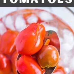 a spoon scooping tomatoes out of a bowl of ice water