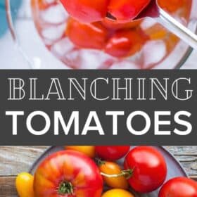 a spoon scooping tomatoes out of a bowl of ice water