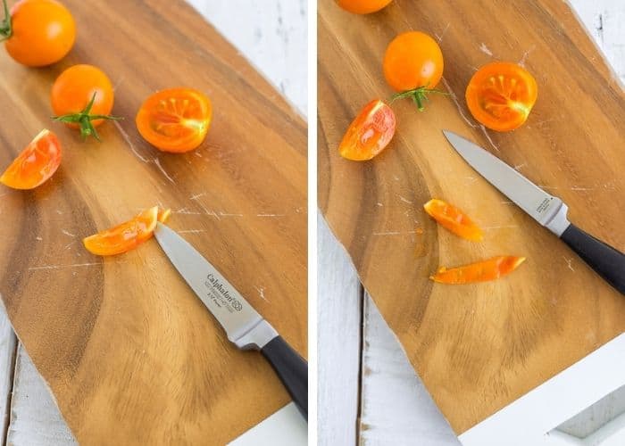 2 photos showing how to use a paring knife to peel a tomato