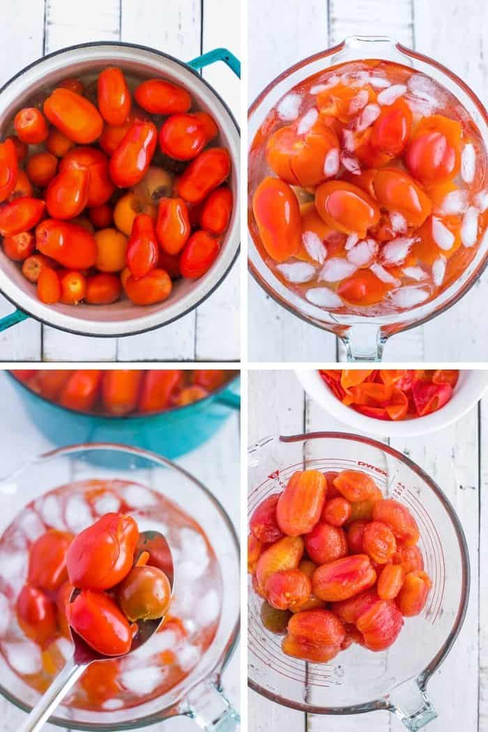 4 photos showing step by step how to blanch and peel fresh tomatoes