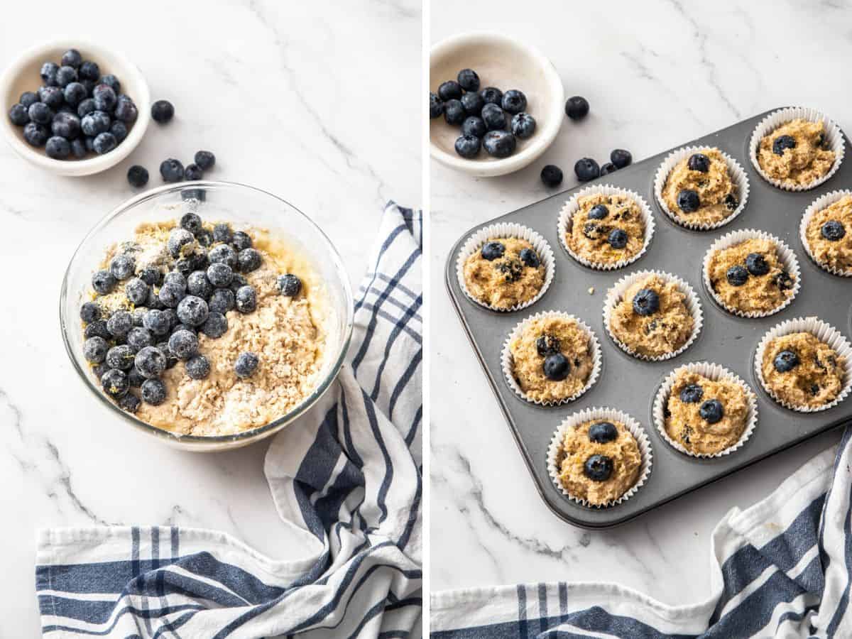two photos showing the process of making whole grain blueberry muffins.