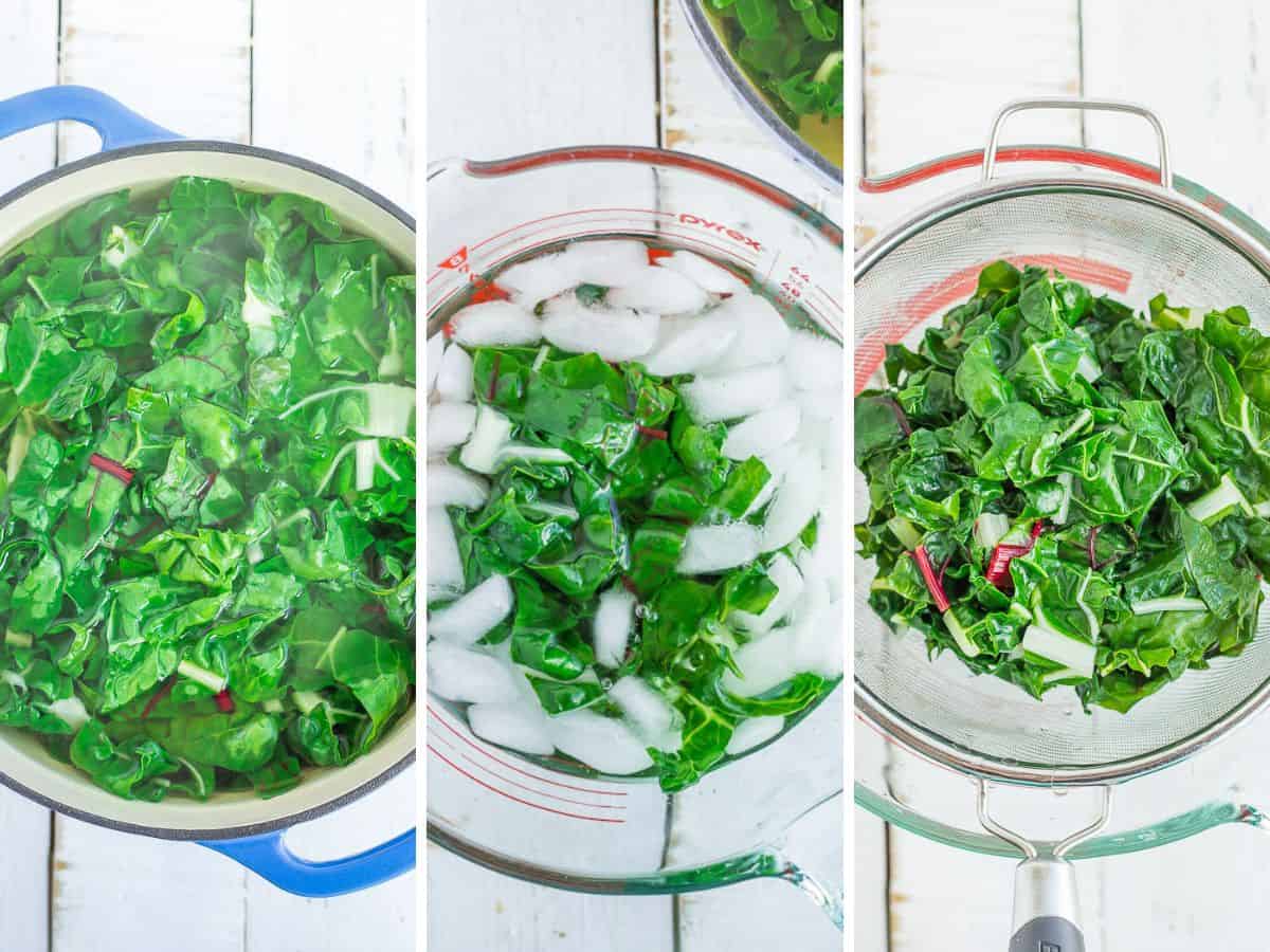3 photos showing the process of cooking and blanching greens.