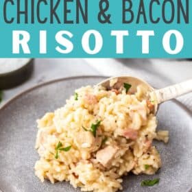 a spoon scooping chicken and bacon risotto onto a grey plate