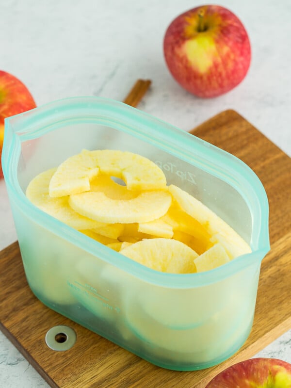 sliced frozen apples in a reusable silicone bag