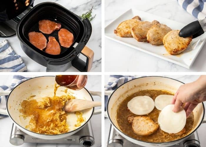 4 photos showing how to make boneless pork chops in the air fryer
