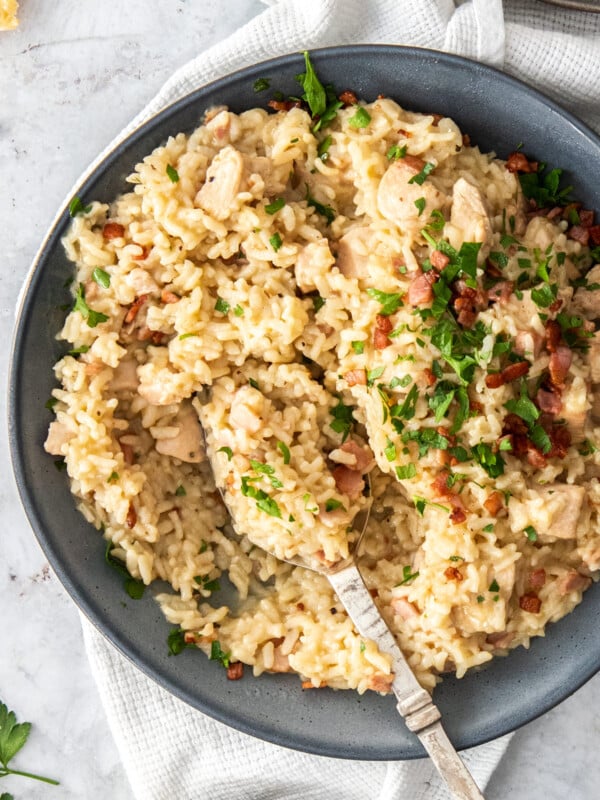 a bowl of instant pot risotto topped with parsley