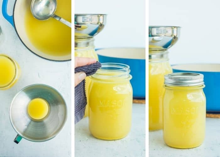 3 photos showing step by step how to can chicken stock