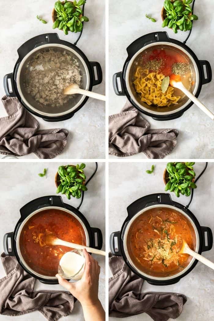 4 step by step photos showing how to make lasagna soup in a pressure cooker