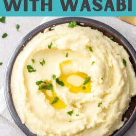 a grey bowl of wasabi mashed potatoes with a gold spoon
