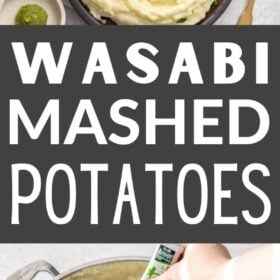 a grey bowl of wasabi mashed potatoes with a gold spoon