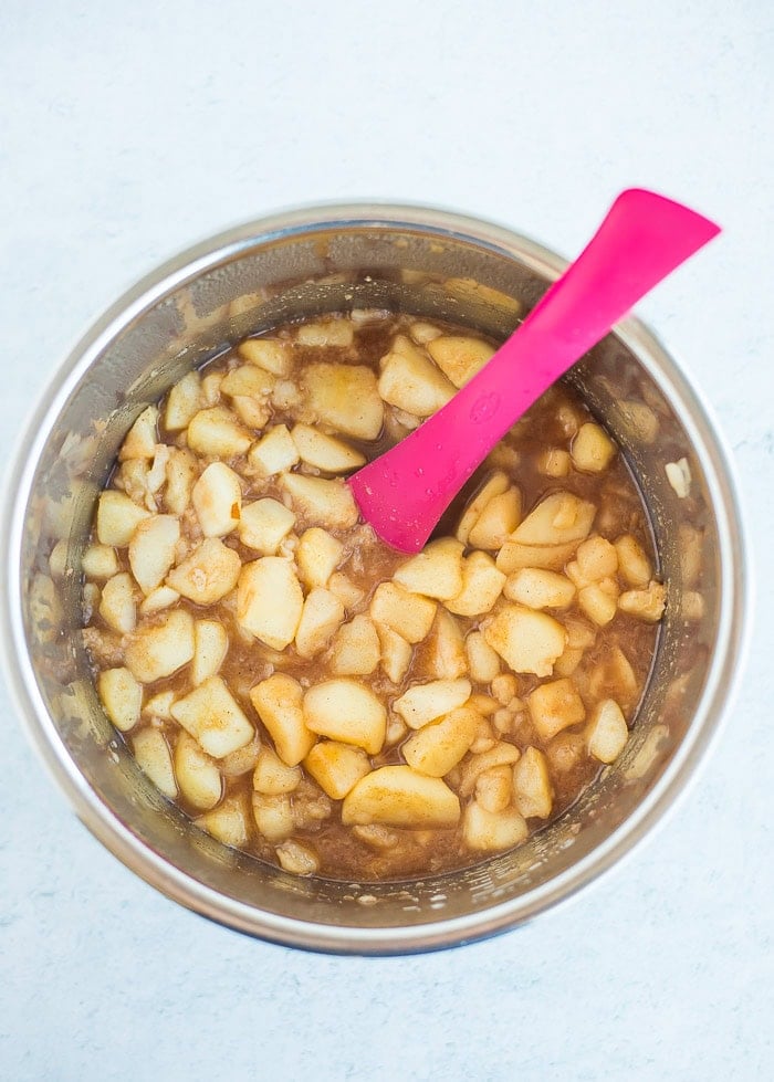 chopped pears in a slow cooker.