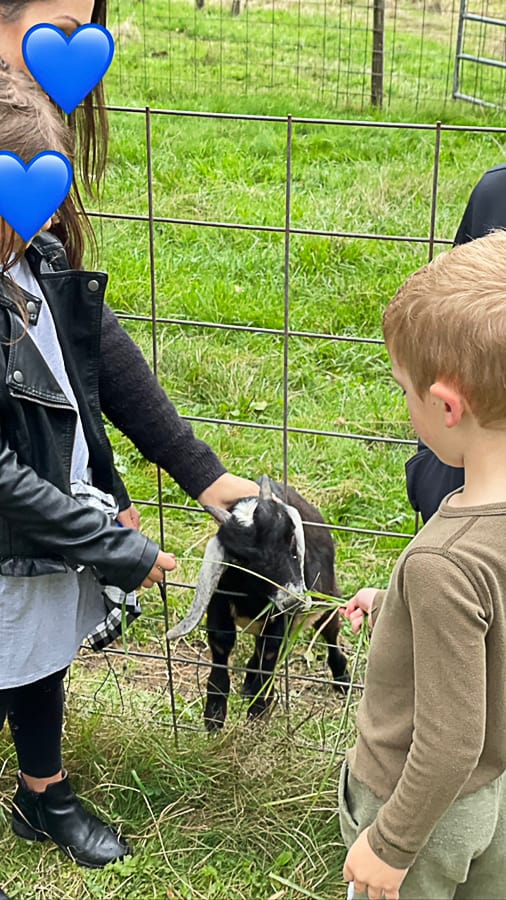 2 kids feeding a baby goat