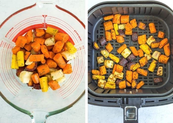 two photos showing how to make air fried carrots