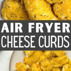 a grey plate with air fryer cheese curds, parsley, and a bowl of dipping sauce