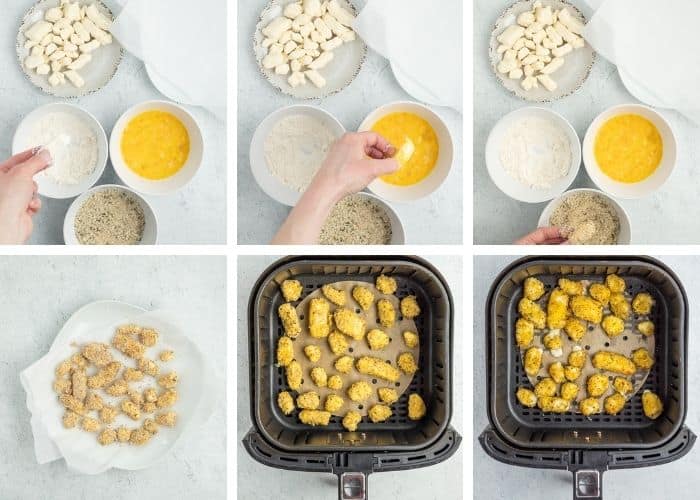 6 photos showing how to bread and make cheese curds