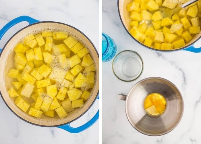 2 photos showing how to can pineapple