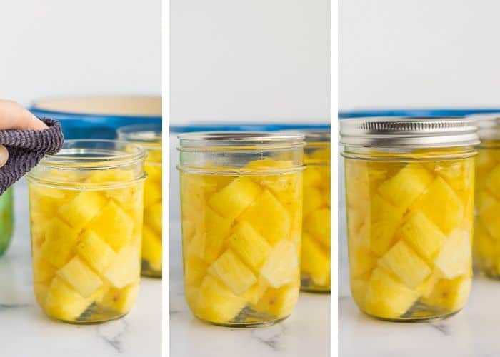 3 photos showing how to prep pineapple for preserving