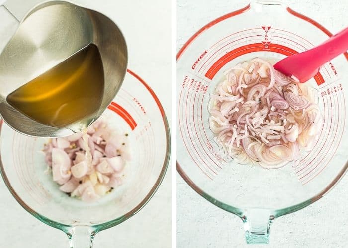 2 photos showing how to pickle shallots