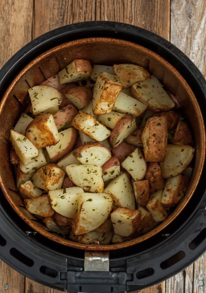 cubed potatoes in an air fryer.