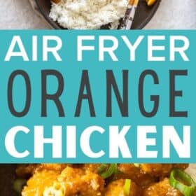 a bowl of air fryer orange chicken topped with green onions in a bowl with white rice and orange slices