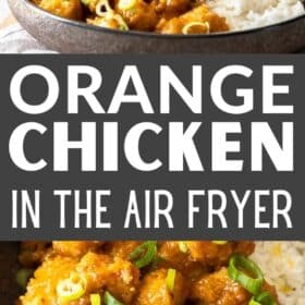 a bowl of air fryer orange chicken topped with green onions in a bowl with white rice and orange slices