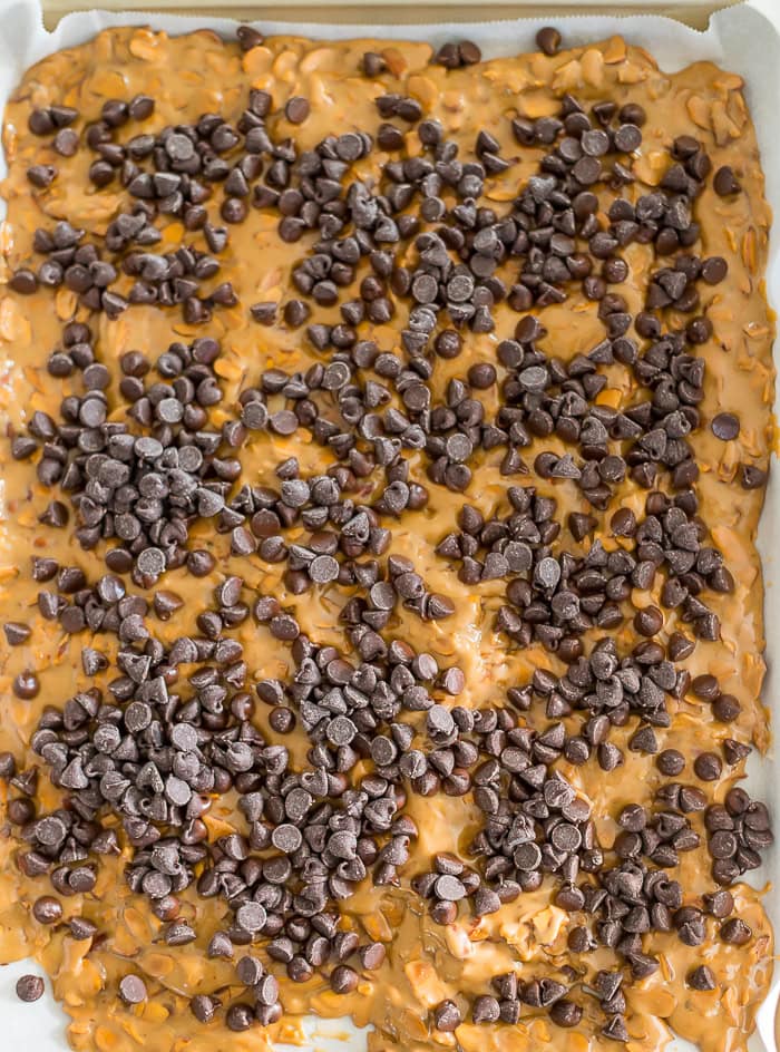 chocolate chips on a bed of buttercrunch toffee.