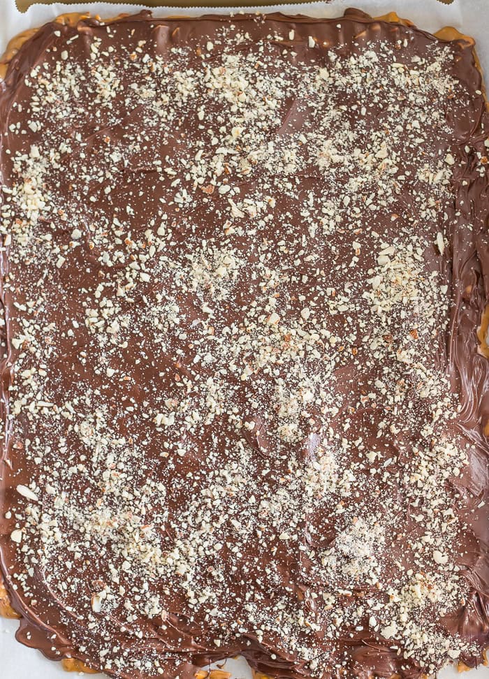 buttercrunch toffee topped with chocolate and chopped almonds.