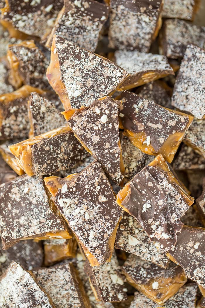 a tray of pieces of almond roca.
