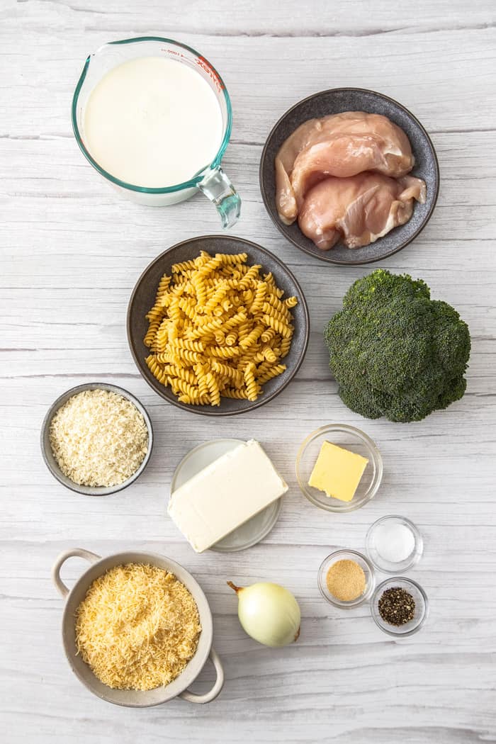 noodles, butter, milk, chicken, and other ingredients for a chicken pasta casserole