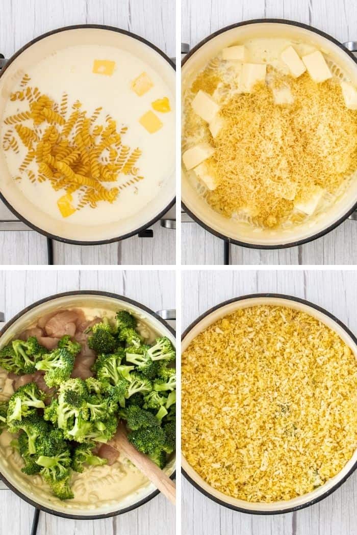 4 photos showing how to make one-pot broccoli casserole