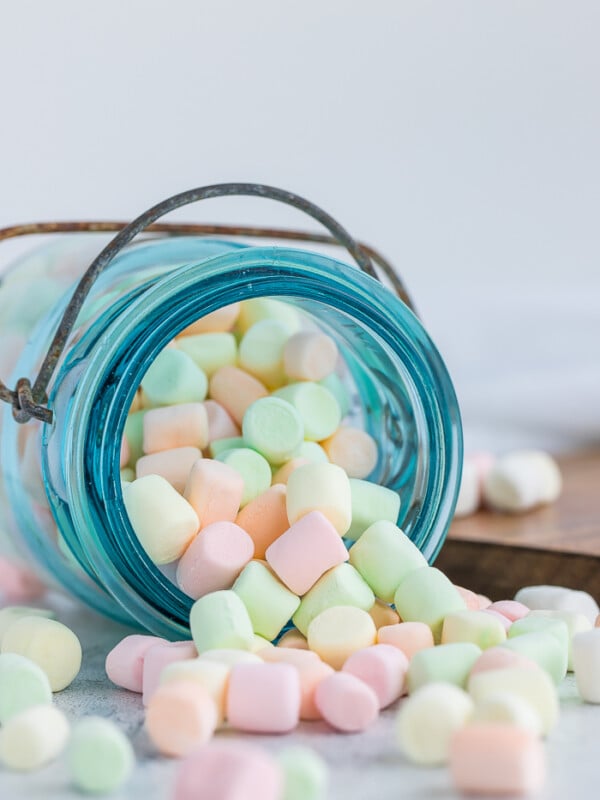 colorful mini dried marshmallows in a blue canning jar