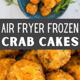 air fryer crab cakes on a blue dish with dill