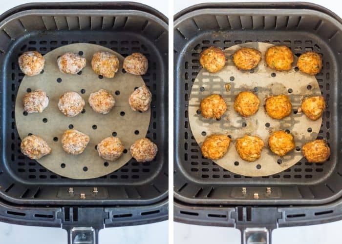 two photos showing the process of cooking crab cakes in the air fryer