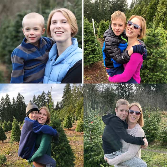 4 photos of a mom holding her son over the years