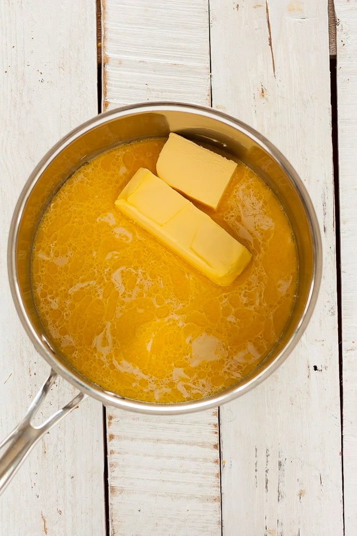 butter and evaporated milk in a saucepan.